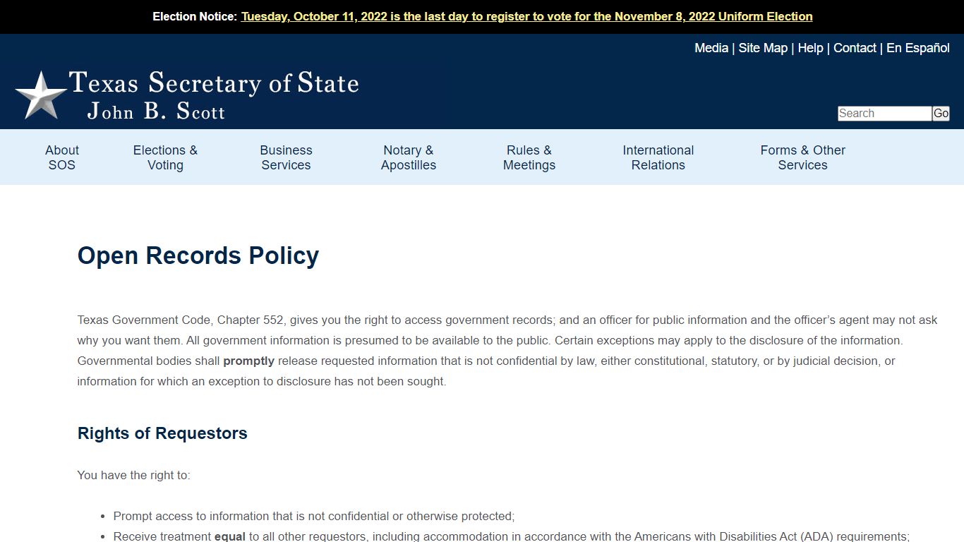 Open Records Policy - Secretary of State of Texas